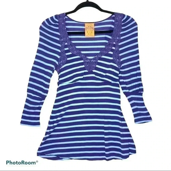 Free People Blue Striped Top With Lace - Picture 1 of 7